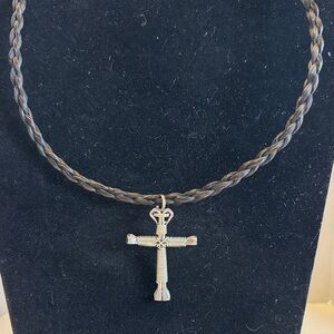 Men's Black Braided Necklace with Silver Cross Pendant